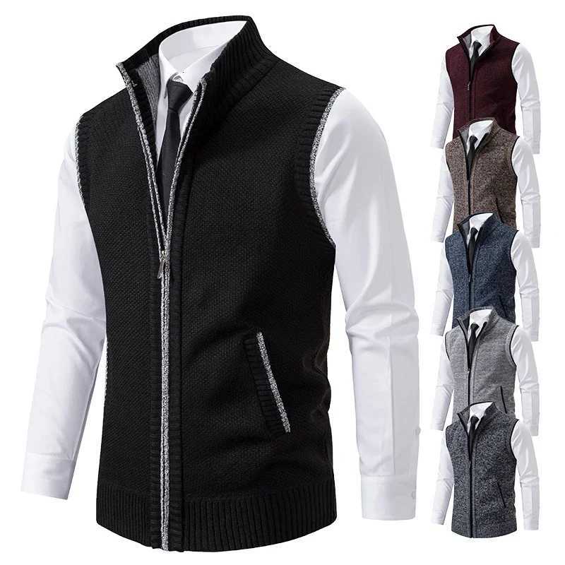 New Vest Mens Knitted Sleeveless Sweater Wool Velvet Zipper Cardigan Turndown Pullovers Turtleneck Sweatercoat Knit WaistcoatXJ250904