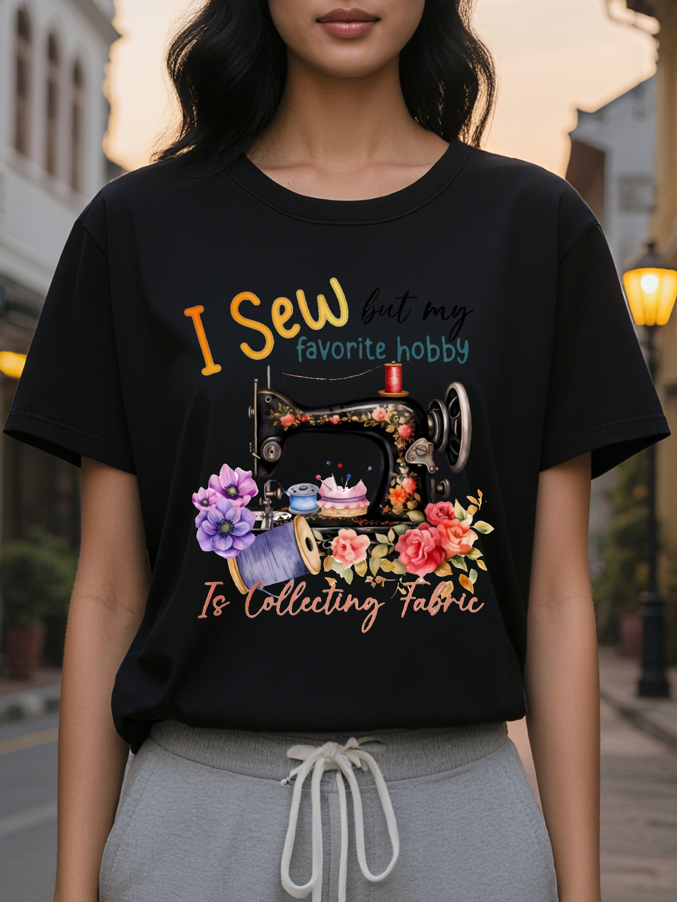Women's Sewed But I Love Collecting Cloth Vintage Sewing and Floral T-Shirt Summer Spring Soft Stretch Round Neck