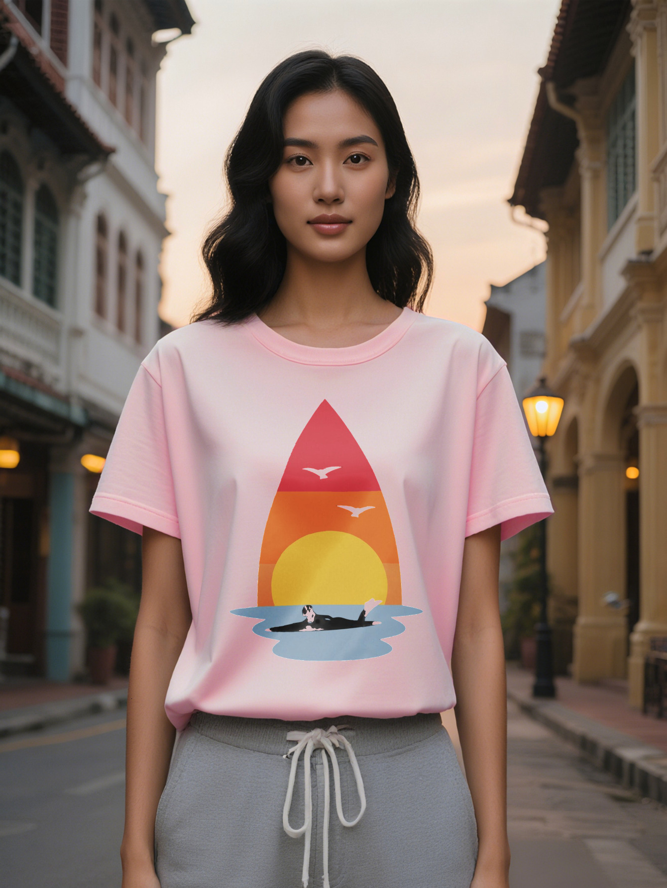 Lady Crew Neck T-Shirt with Sailboat Black Short Sleeve for Relaxed Style Casual Summer Top Vibrant Print Tee