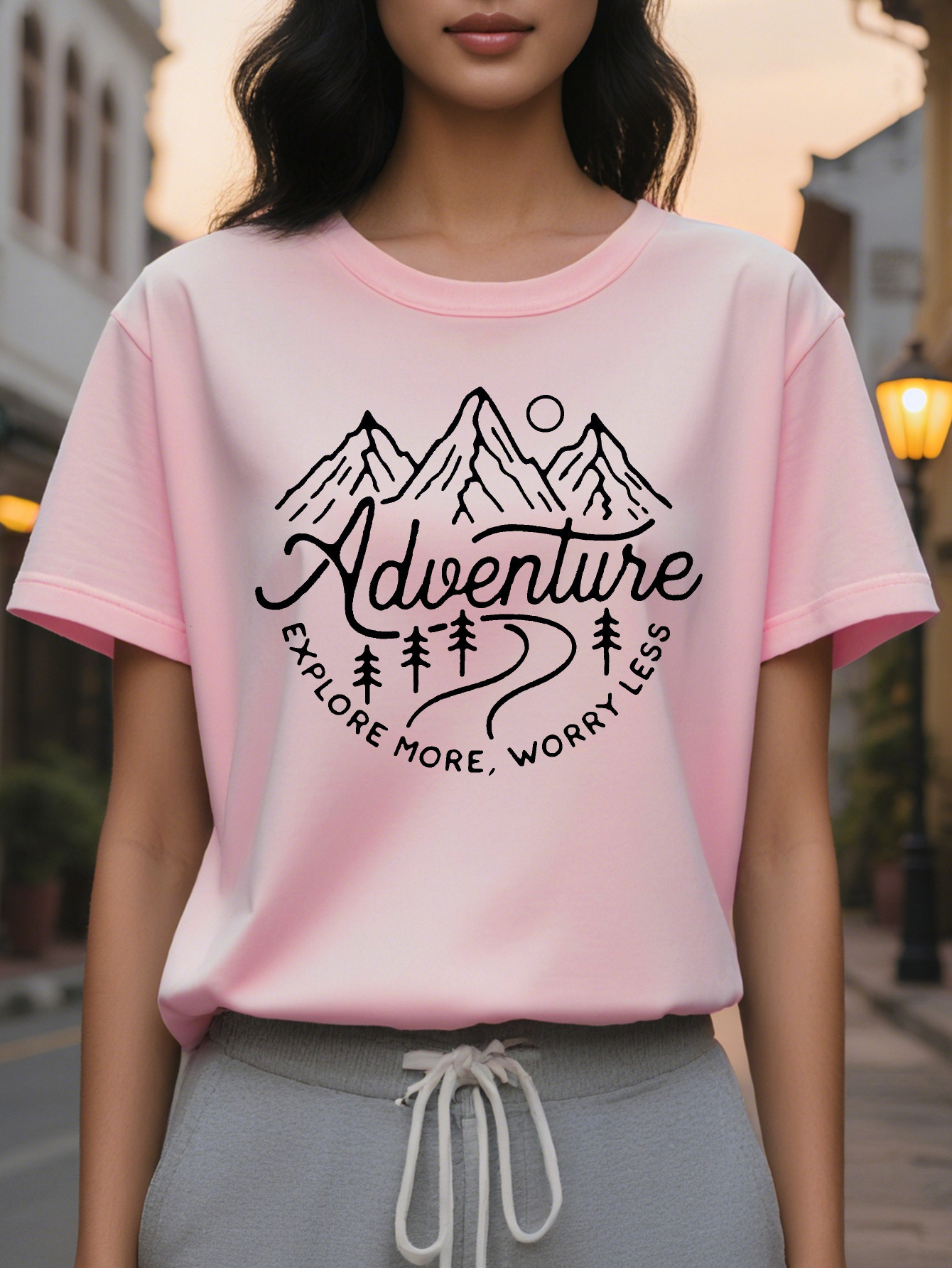 Large XL Women S Adventure Themed Explore More Worry Less Mountain Design Casual Round Neck T-Shirt Soft Cotton Plus Size