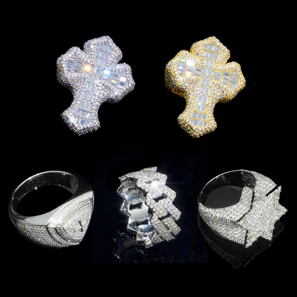 Wholesale Gold Plated Diamond Cross Men Ring Hip Hop Style Iced Out 925 Silver Cuban Link Sixpointed Star Rings