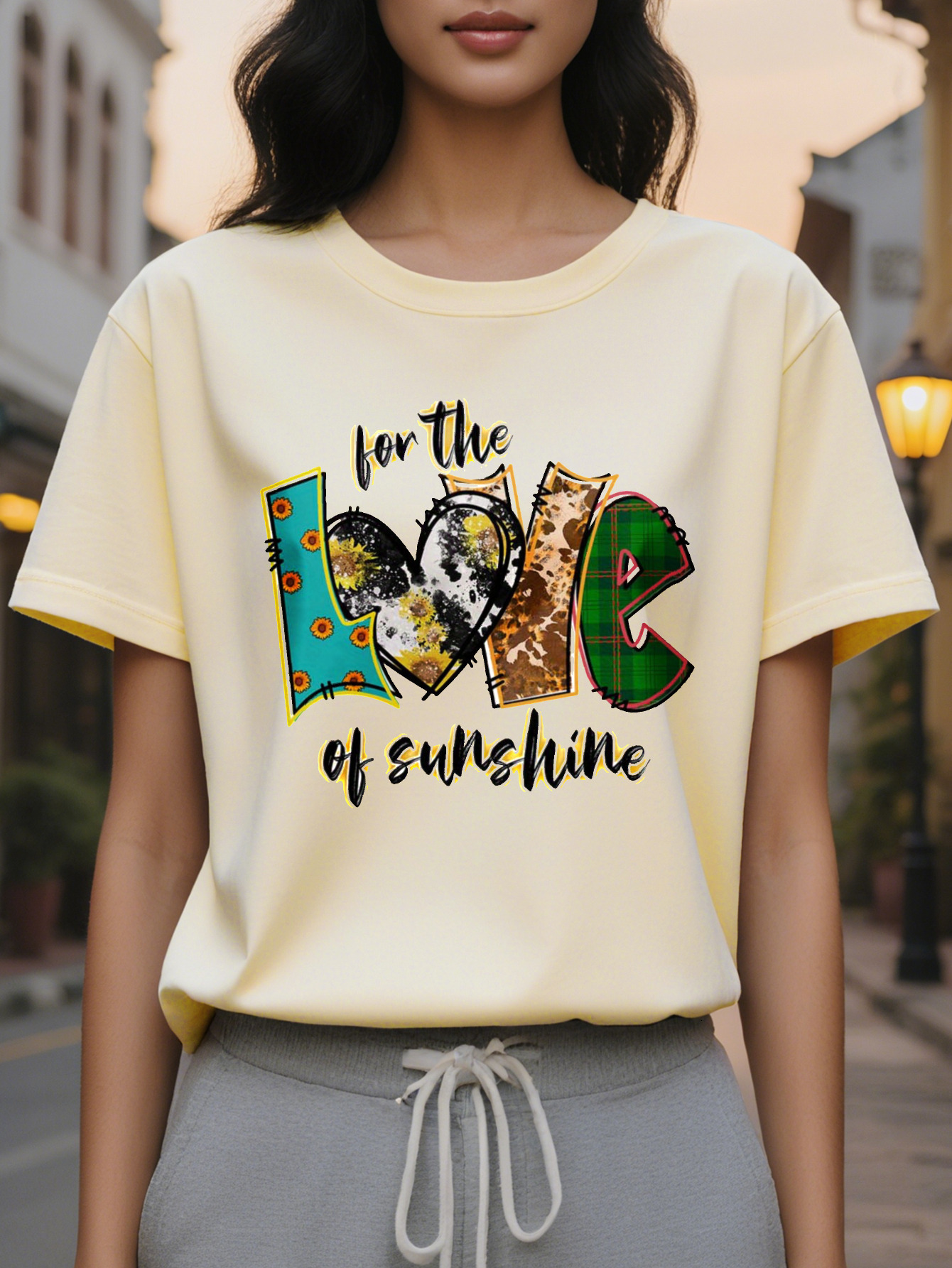 Women's White T-shirt Color for Love of the Sun Pattern Short Sleeves Round Neck Casual Summer Top Fun Design
