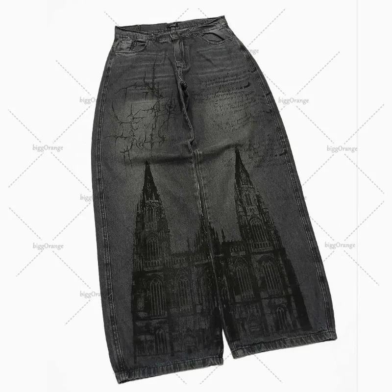 Hiphop Gothic High Street Harajuku Loose Washed Straight Wide Legs Men Rock Dark Y2K American Retro Oversized Jean 250823