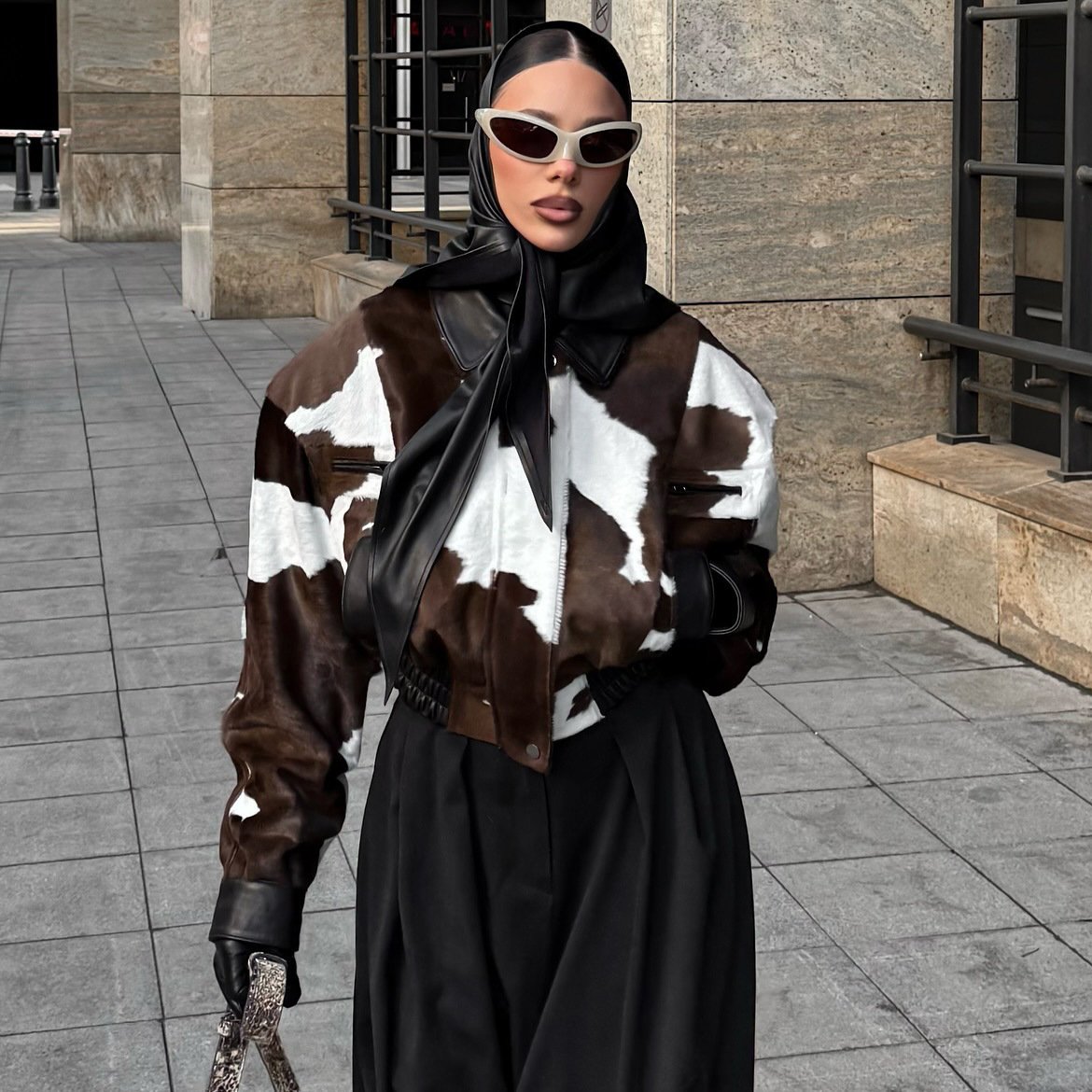 American Street Style Design Cow Pattern Leather Niche Hoodless Versatile Short Jacket Womens Trendy Fashion