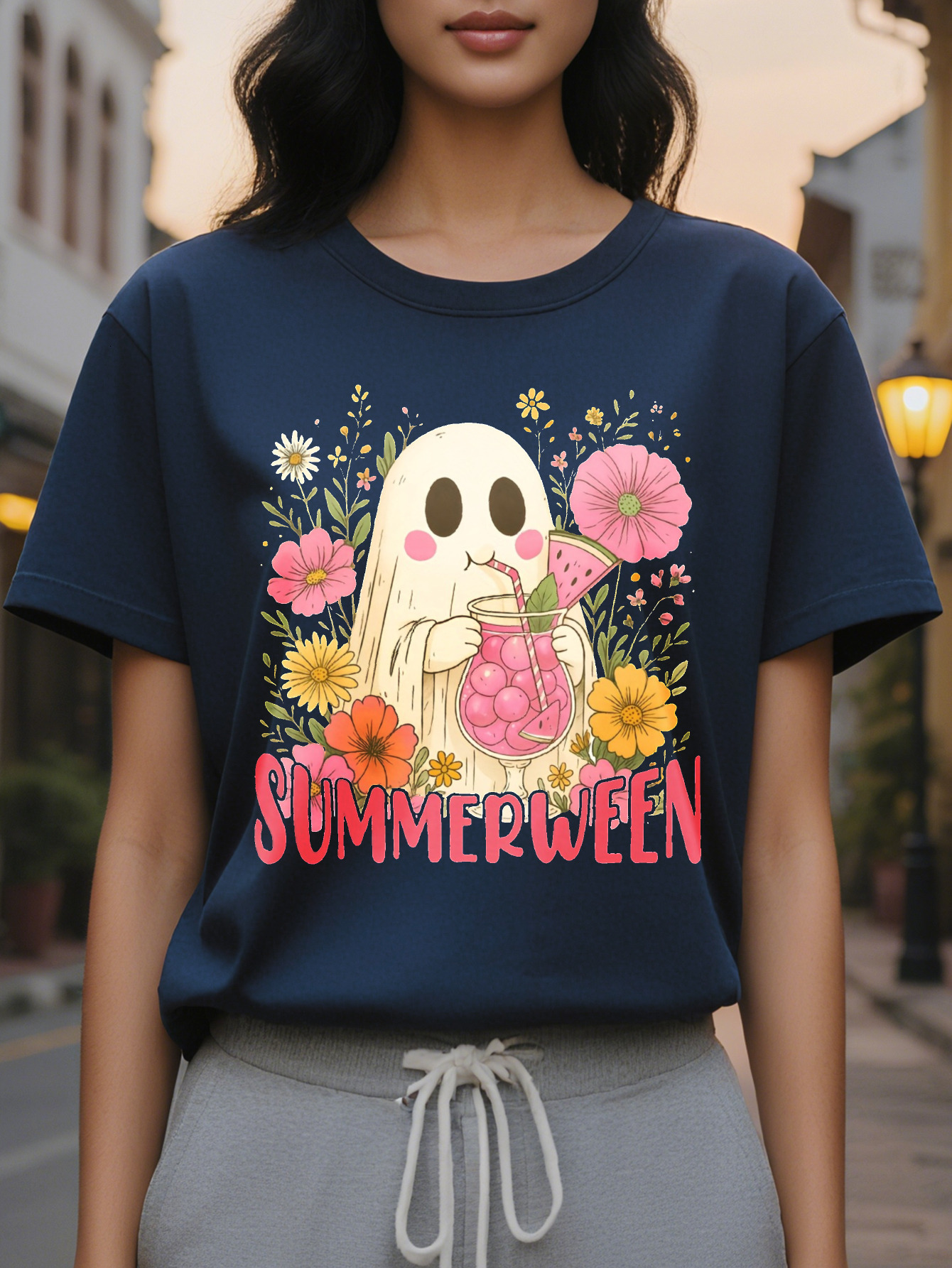Large XL Women's Halloween Summerween Graphic T-Shirt Cute Floral Print Short Sleeve Round Neck Casual Tee Pink Black Summer Plus Size