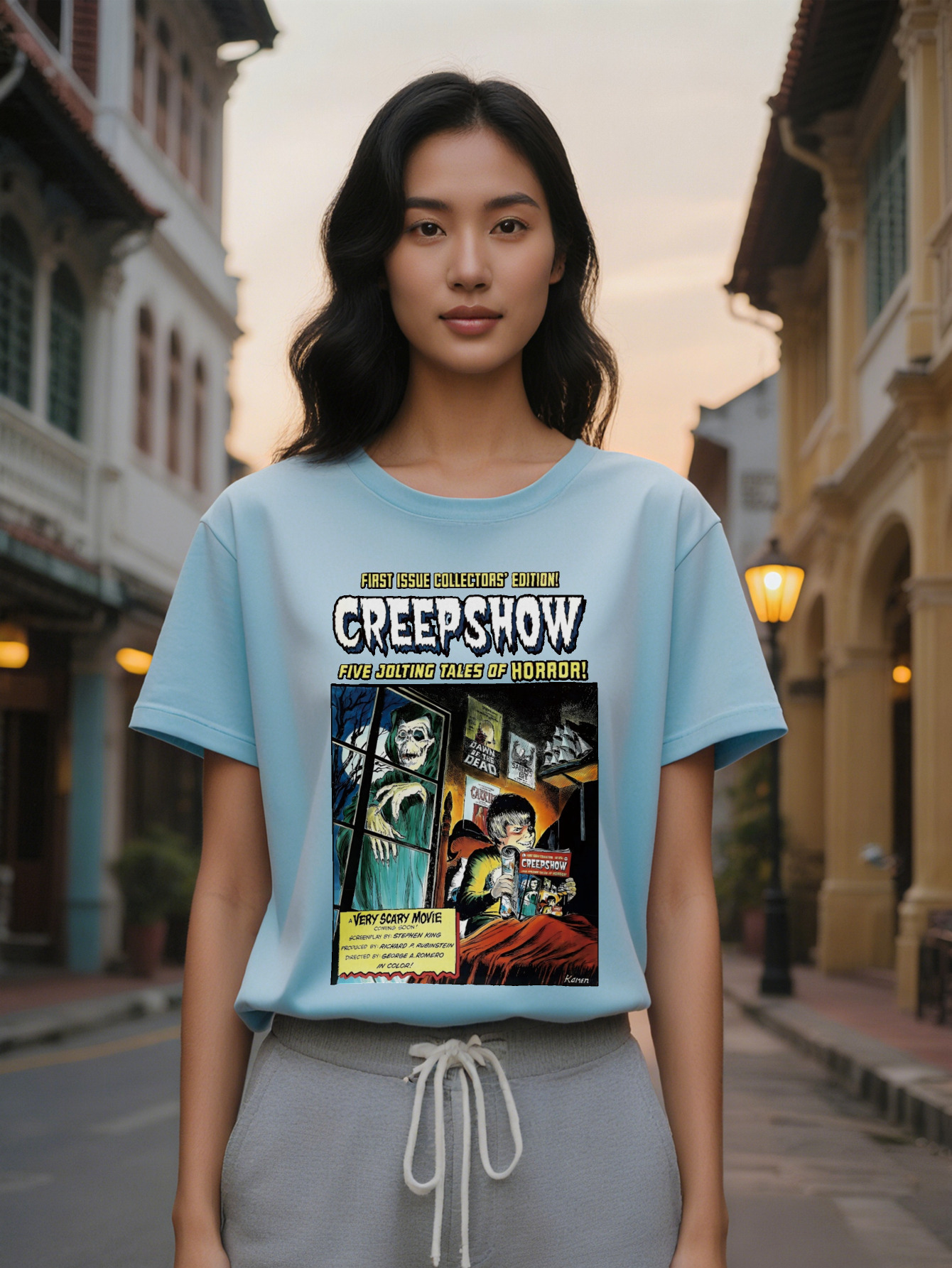 Large XL Lady Graphic T-Shirt Creepshow Five Jolting Tales Collection Casual Crew Neck Tee with Spooky Poster Design Perfect Plus Size