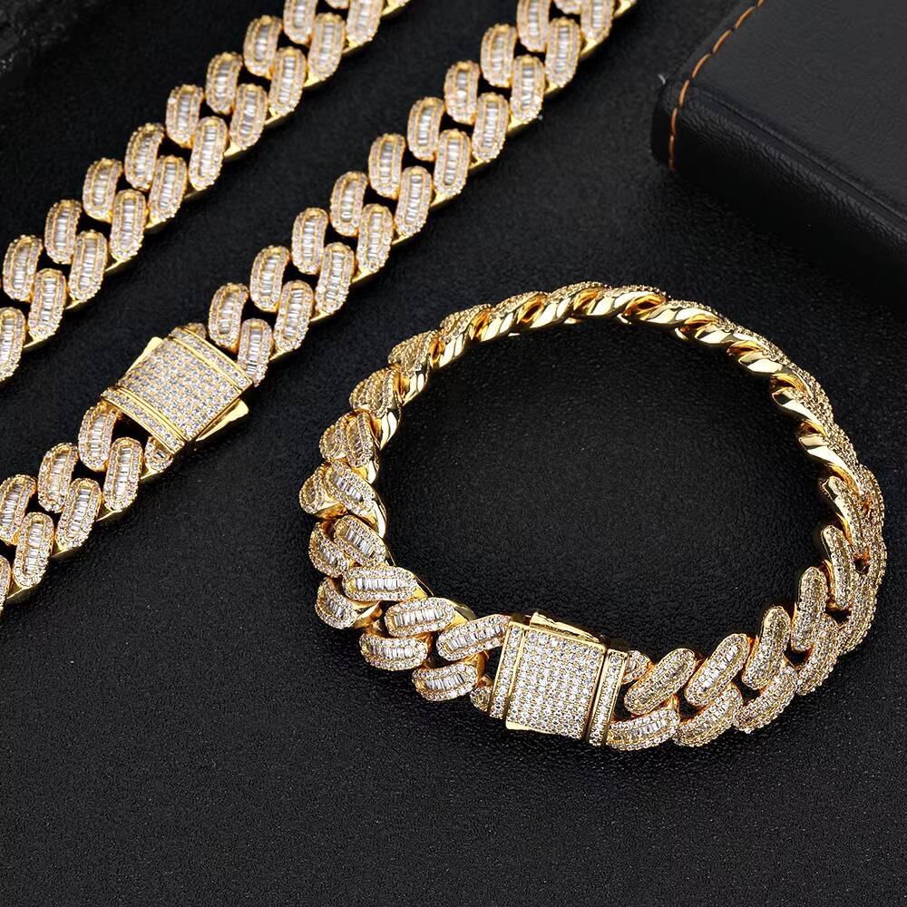 NUOYA Iced Out Moissanite Diamonds Cuban Chain Bracelet 15MM Width Bling Baguette Design Spring Clasp Cuban Link Chain for Women