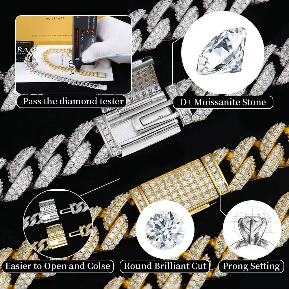 High Quality 14K Monaco Chain 925 Silver Cuban Link Necklace Iced Out VVS Moissanite Clasp Smooth Cuban Chain Jewelry