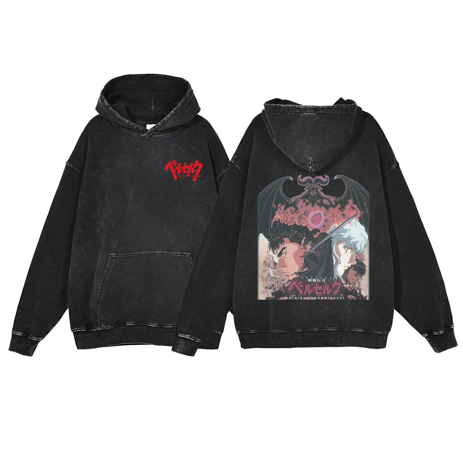 440g Heavyweight Washed Vintage Berserk Anime Street Retro Cotton Hoodie Streetwear Hooded Sweatshirt - TT8304