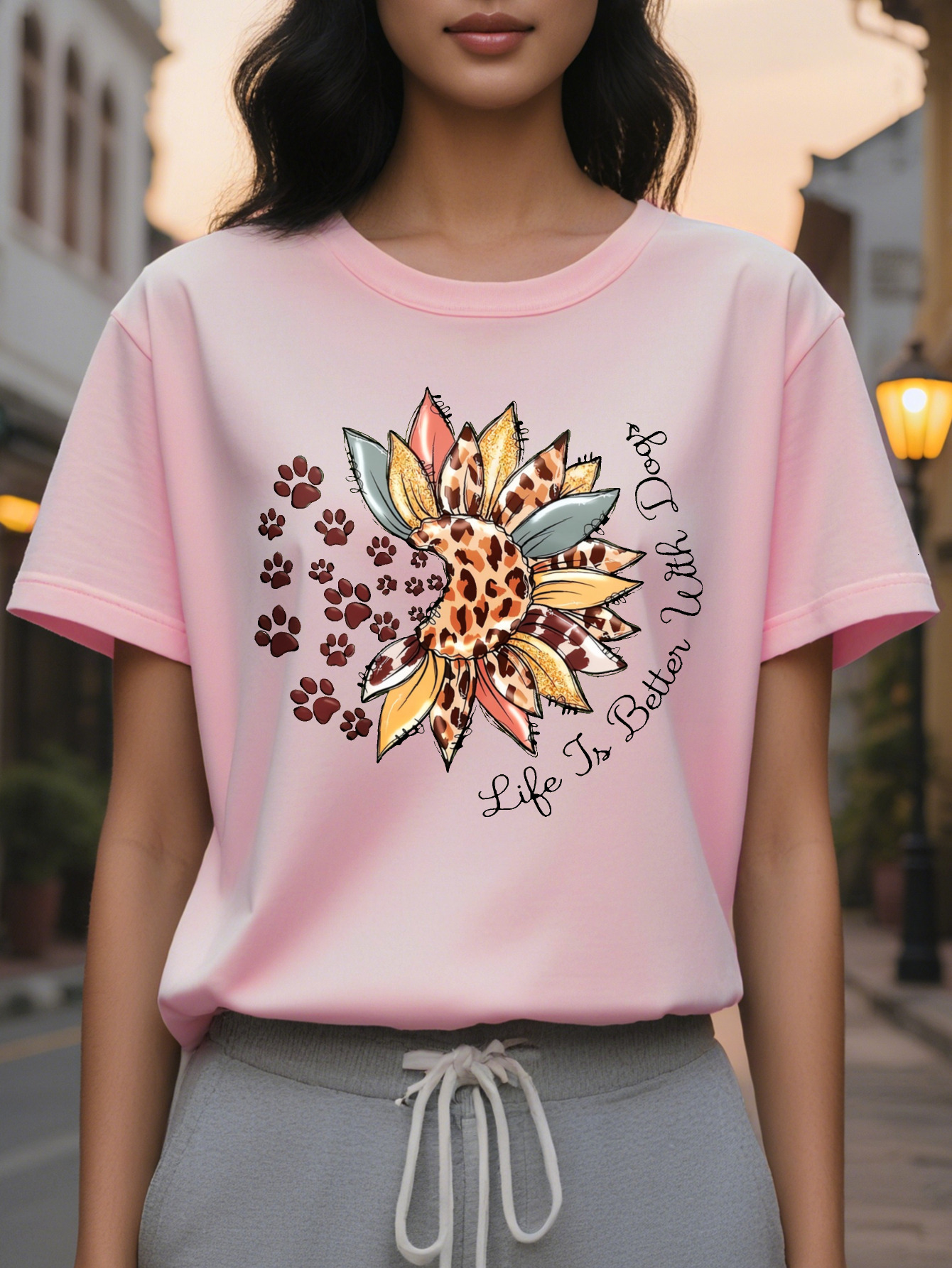 Women s Olive Green Suower Leopard Paw Print T Shirt Life is Better with Her Graphic Soft Stretch Round Neck Casual