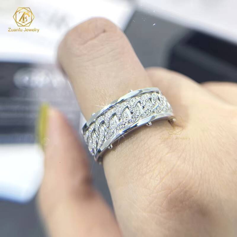 Factory Price 925 Sterling Silver VVS Moissanite Diamond Jewelry Rhodium Plated 8MM Cuban Link Chain Band Ring for Men