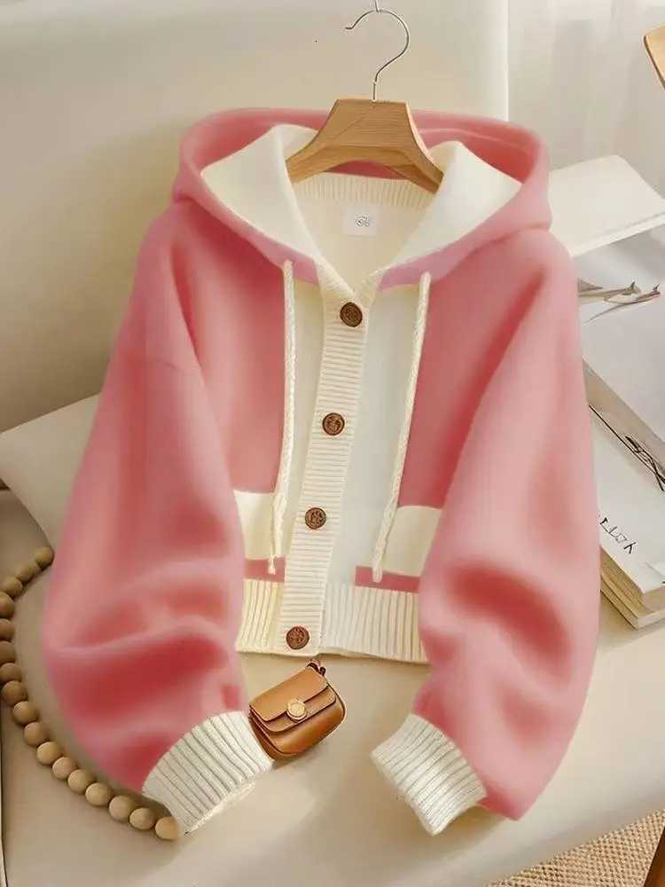 Korean Pink Patchwork Hooded Sweater Women Soft Wool Cashmere Cardigan Sweet Button Knitted Jacket Autumn Winter M250904