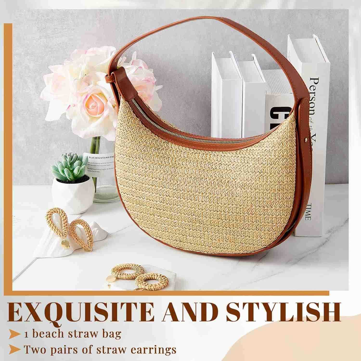 Mini Clutch Tote Handbag 2 Pairs Rattan Earrings for Women Crossbody Bag Bohemian Woven Clutch Bucket Handbag M250904