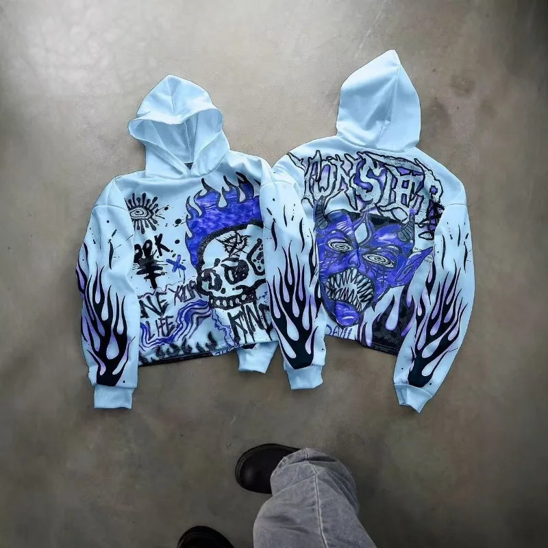 Hiphop letter geometric skull print longsleeved oversized hoodie for women Y2K autumn and winter warm trendy casual sweatshirt 250904