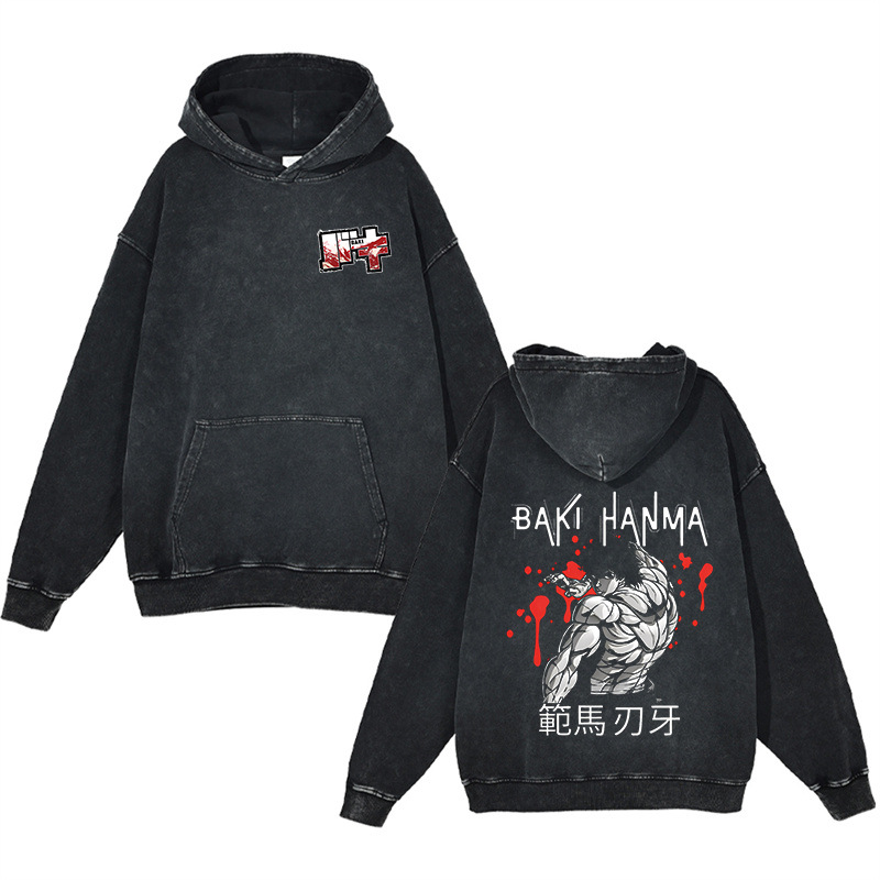 440g Heavyweight Cotton Pre-Washed Distressed Finish Baki Hanma Anime Street Retro Hoodie - TT8306
