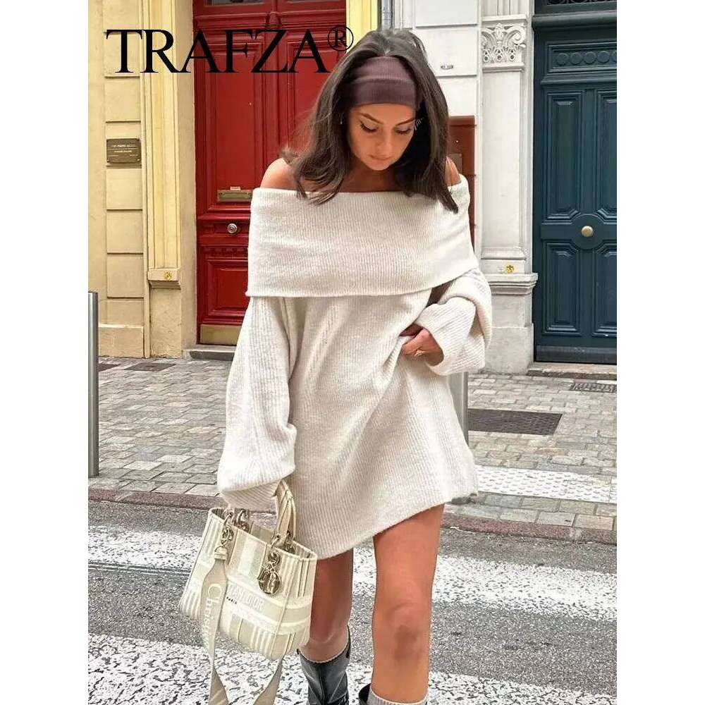 TRAFZA Women Fashion Solid Off Shoulder Long Sleeve Knitted Pullover Sweater Autumn Female Casual Knitwear Chic Top