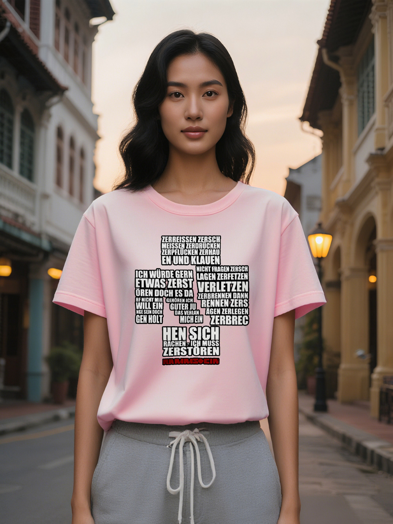 Large XL T-Shirt with Bold Red White Letter Print Black Round Neck Summer Tee Regular Fit Washable Top Casual Attire Plus Size