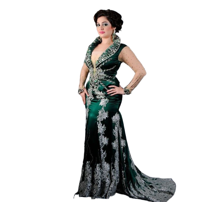 Customized Aso Ebi Lace Mermaid Emerald Green Evening Dress Arabic Long Sleeve Applique Beaded Formal Prom Party Gown