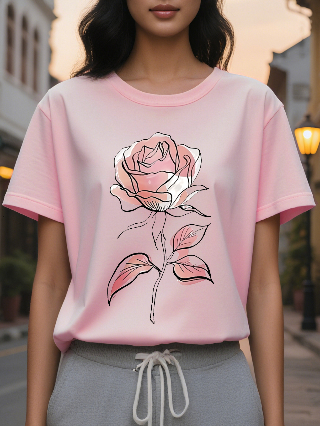 Women's elegant sleeve round neck T-shirt, soft pink rose print, medium stretch, hine wash top, autumn and winter casual