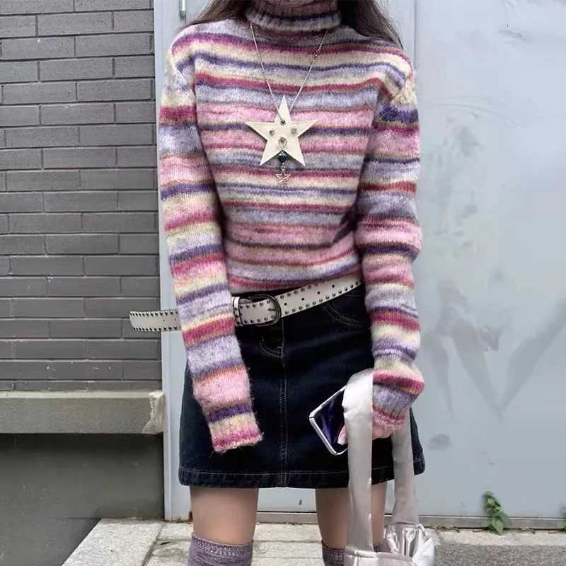 Karrram Japanese Y2k Turtleneck Sweater Vintage Rainbow Striped Pullover Korean Fashion Knitted Jumper Harajuku Grunge Knitwear M250904