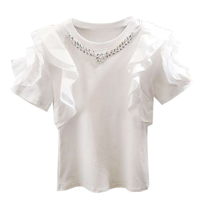 Women's Summer Korean Version Slimming Ruffled Splicing Short-Sleeved Solid Color Casual Shirt Trend