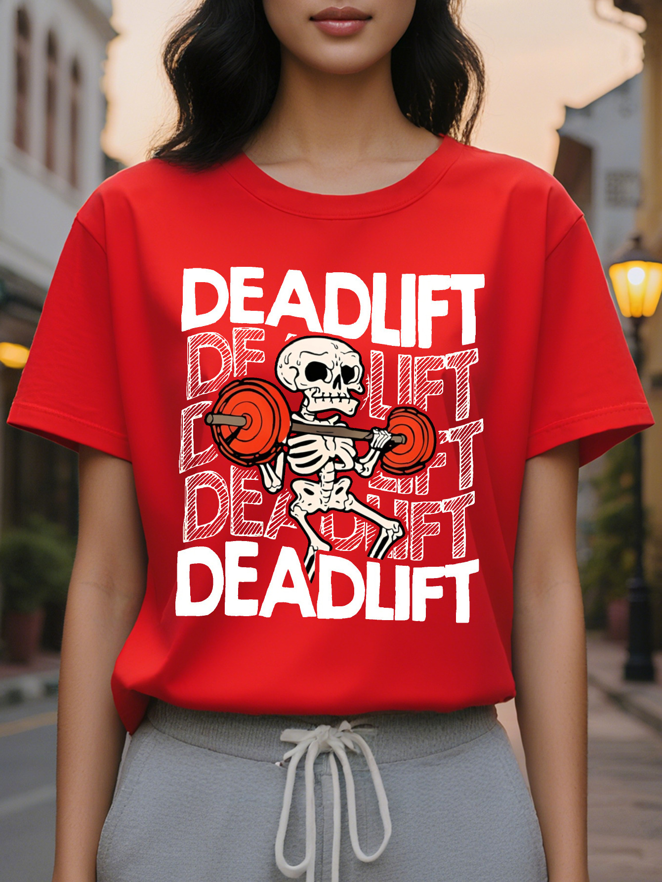 Women s Funny Humor T Shirt Olive Green Deadlift Skeleton Tee Lightweight Round Neck Top for Casual Outfits