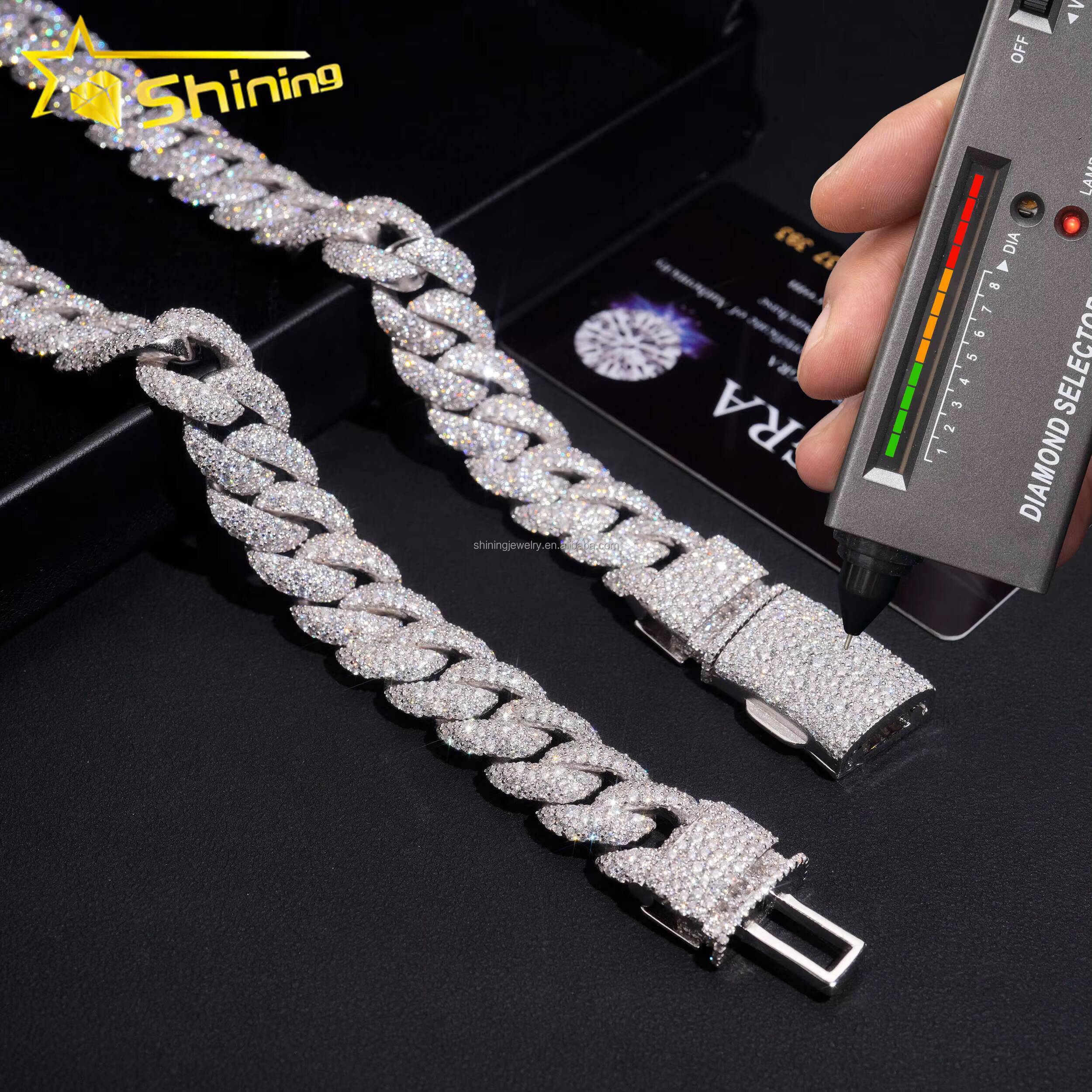Hot Selling 15mm 16mm 18mm 20mm 22mm Big Size Rapper Jewelry Iced Out Moissanite Moon Shape S925 Hip Hop Miami Cuban Link Chain