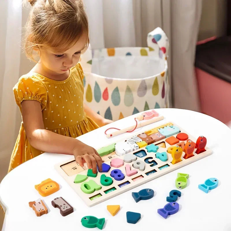 Kids Montessori Math Toys for Toddlers Educational Wooden Puzzle Fishing Toys Count Number Shape Matching Sorter Games Board Toy 250903