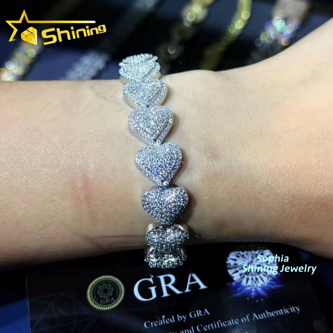 13mm Heart Shape Cuban Chain Bracelet Vvs Moissnaite Iced Out Hip Hop Jewelry VVS Moissanite Bracelet Valentines Day Gift