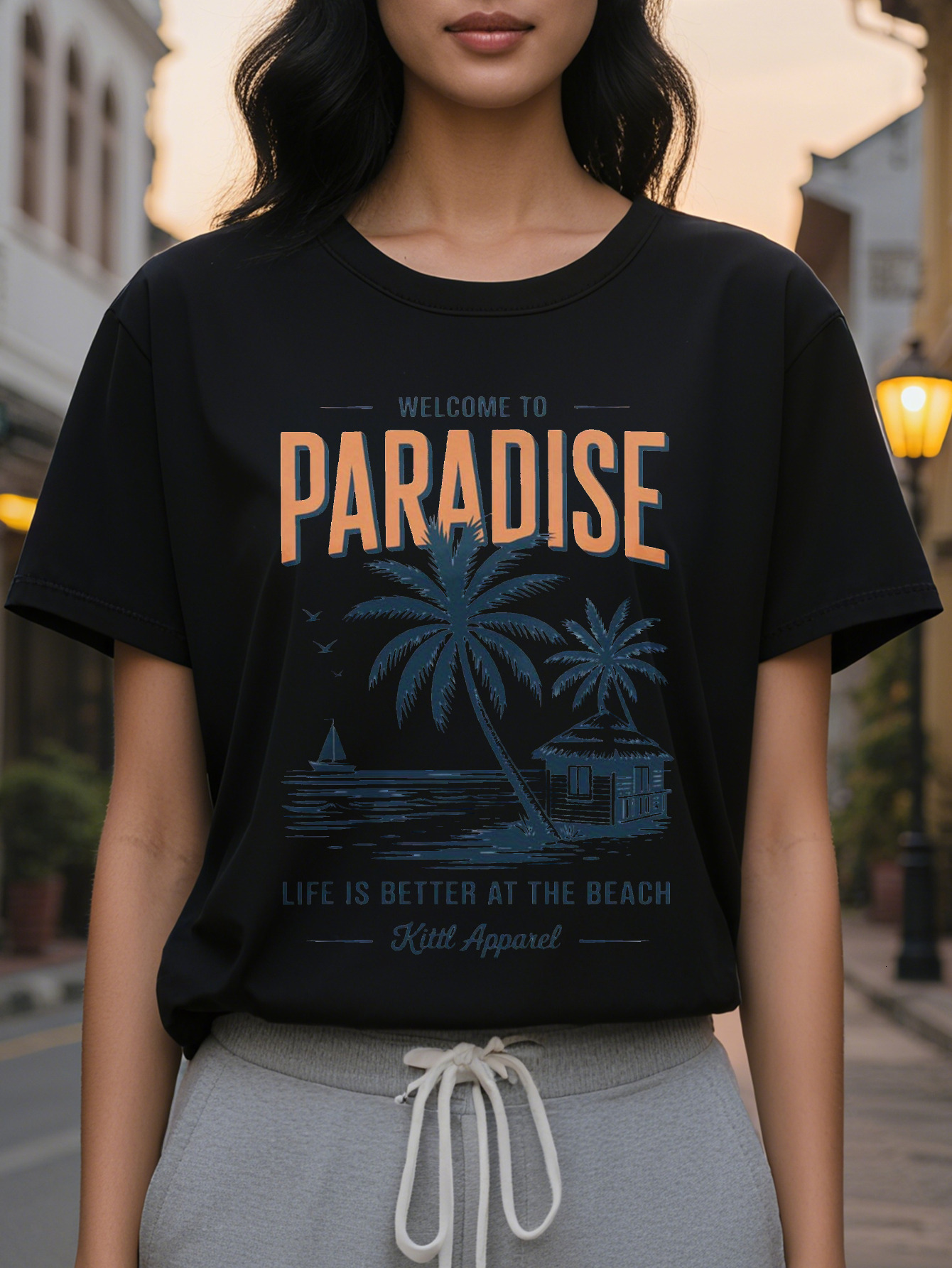 Women's Welcome to Paradise Patterned T-shirt Elegant Summer with Palm Trees and Sea Views Casual Round Neck Short