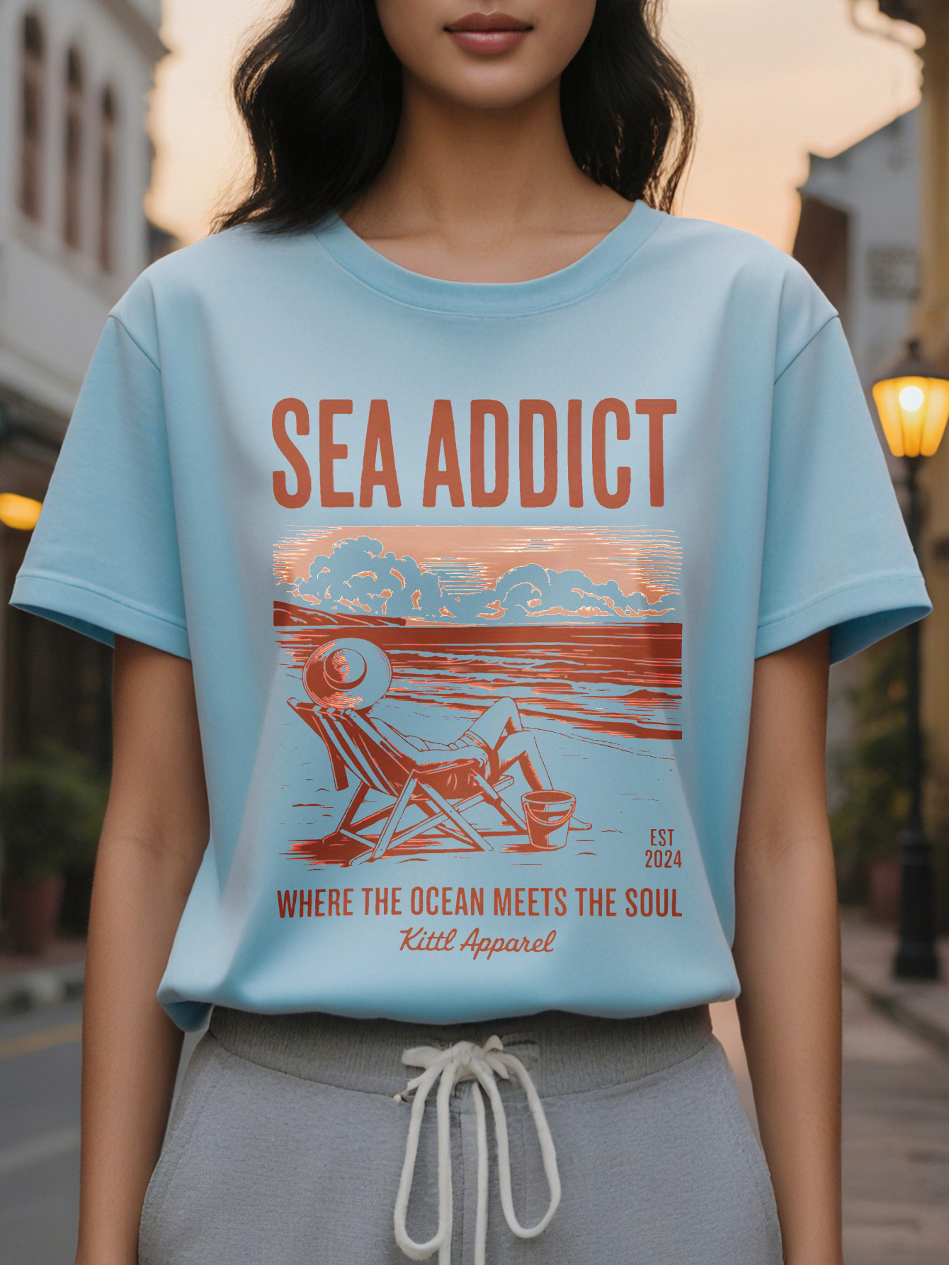 Ladies Elegant Beach T-Shirt White Coastal Pattern Short Sleeve Shirt Sea Addict Ocean Addiction Slogan Summer Vacation