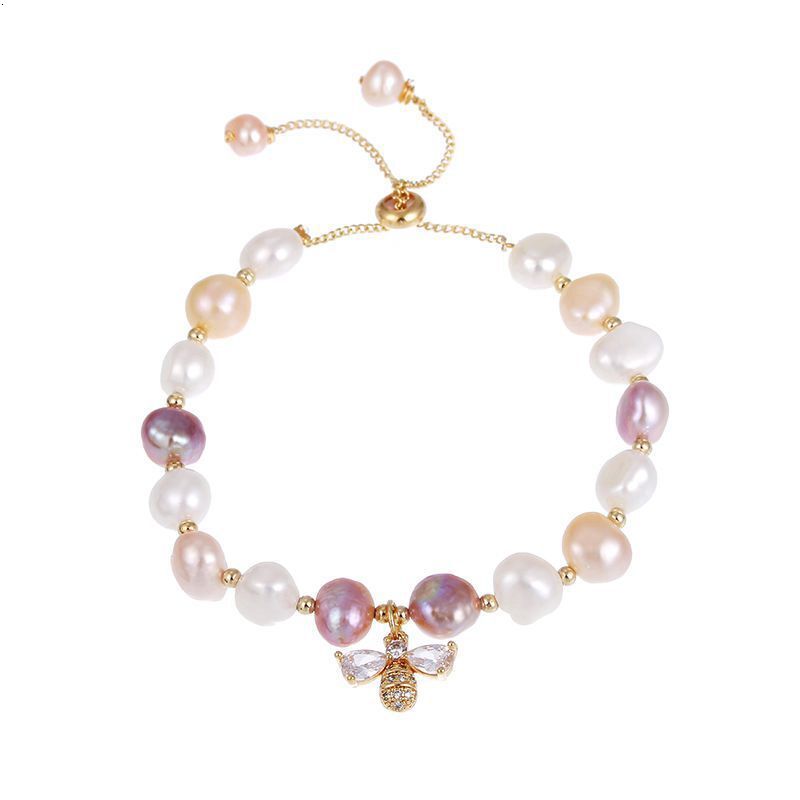 Baroque Irregular Freshwater Pearl Micro Pave Zircon Small Bee INS Simple Korean Style Fashion Bracelet