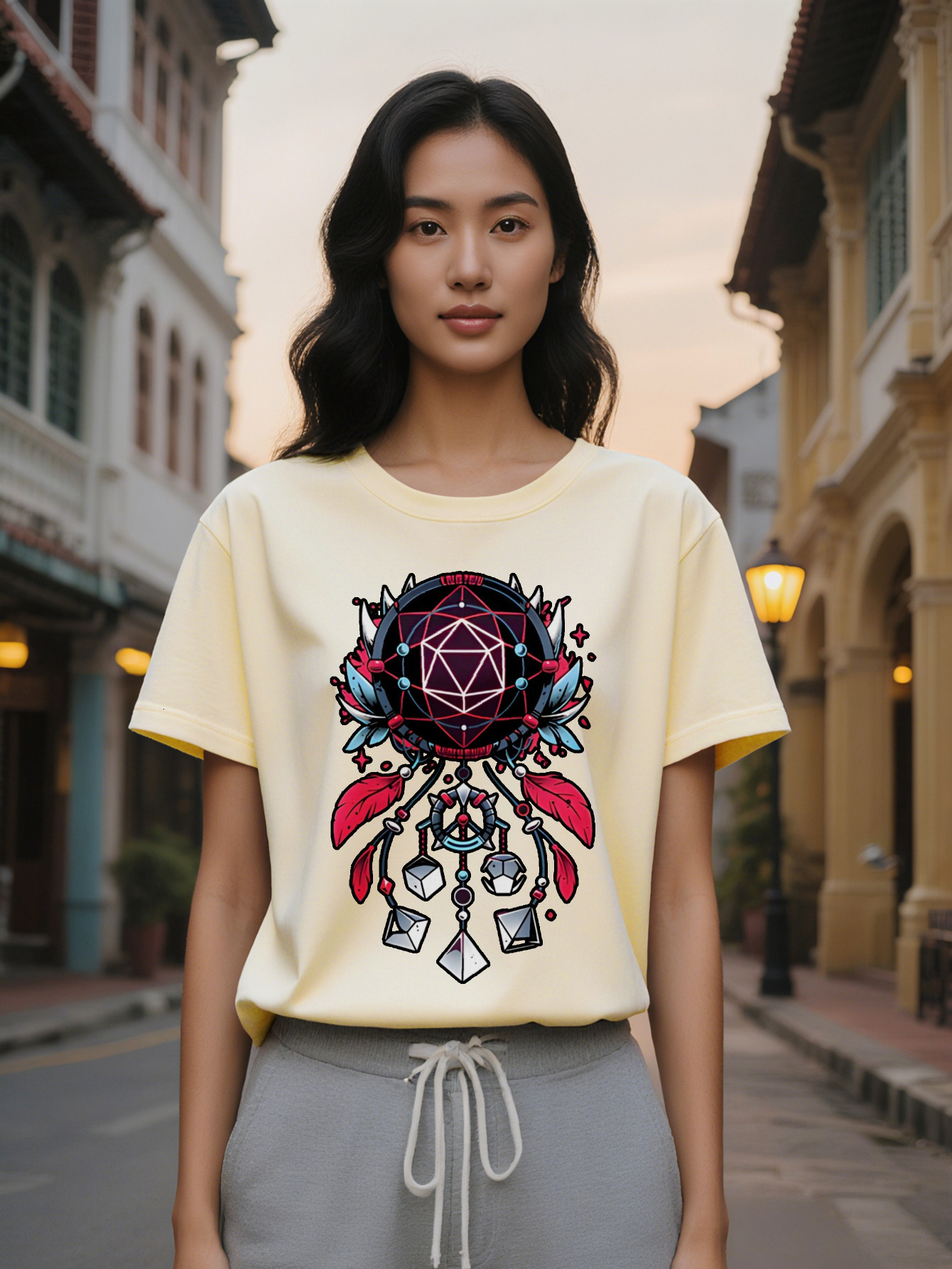 Casual Versatile Round Neck T-Shirt Geometric Polyhedron Black Border Print Pattern Top for Women Gift