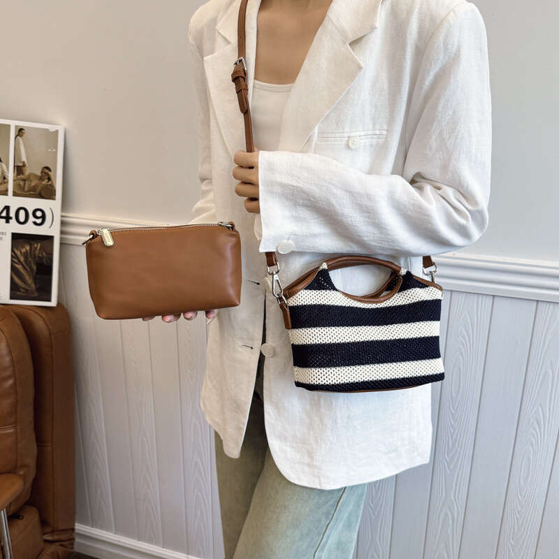 HEssentials 2025 Summer Bucket Bag, Striped Knit Tote, Hollow Out Beach Purse