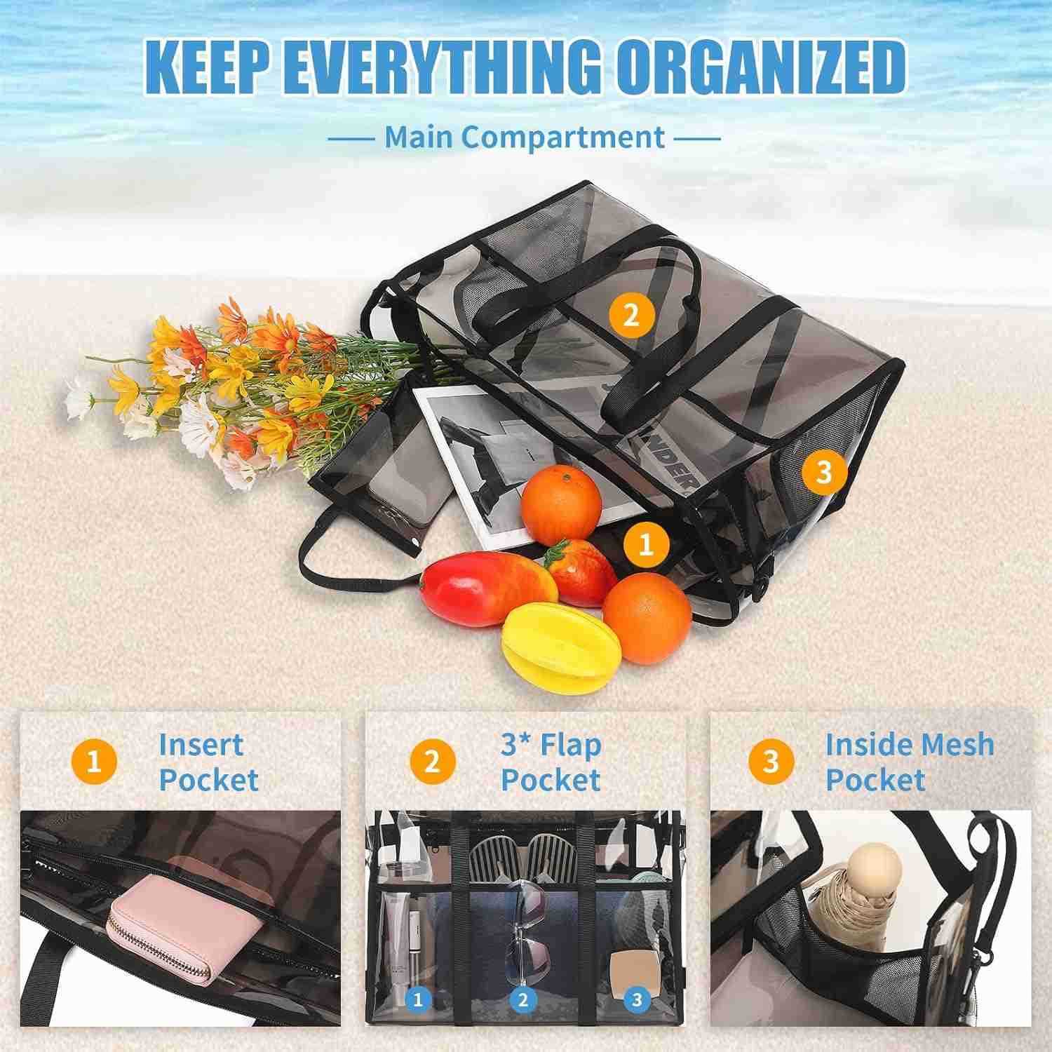 Womens Clear Beach Bag with Detachable Phone Pouch Foldable Waterproof Clear Tote Bags for Beach Pool StadiumW250904