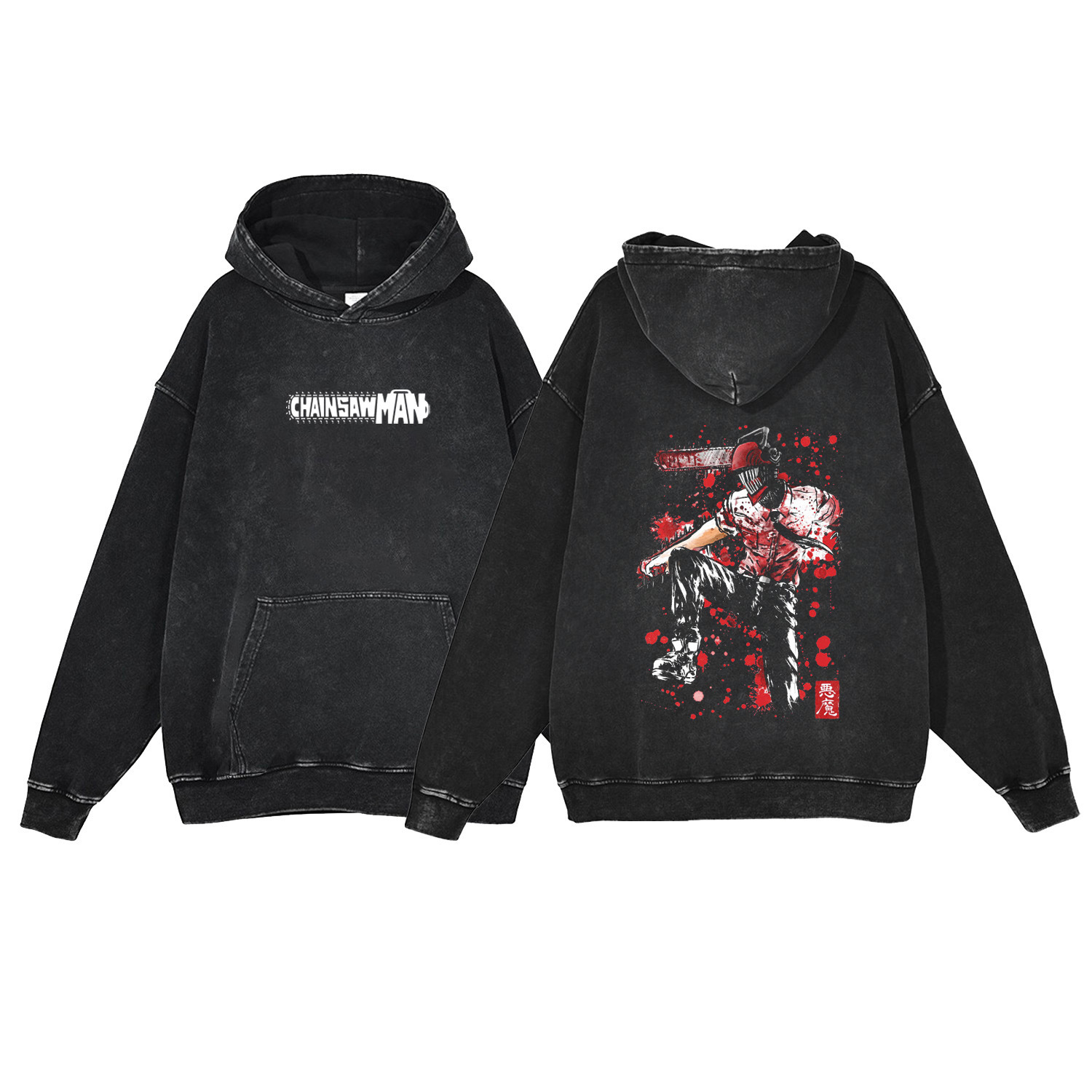 Chainsaw Man Hoodie Anime Streetwear 440g Heavyweight Washed Vintage Cotton Pullover Sweatshirt - VT1555