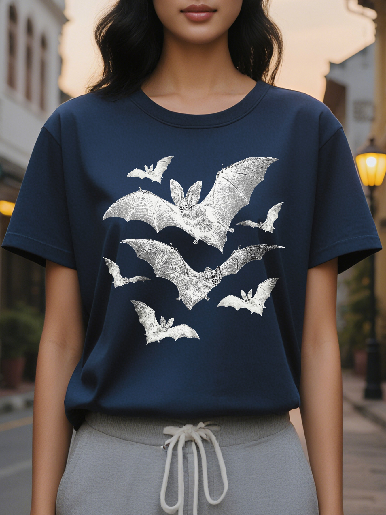Large XL Vibrant Bat Print Crew Neck T-Shirt Women's Casual Short Sleeve Tees Spring Summer Comfortable Relaxed Fit Soft Plus Size
