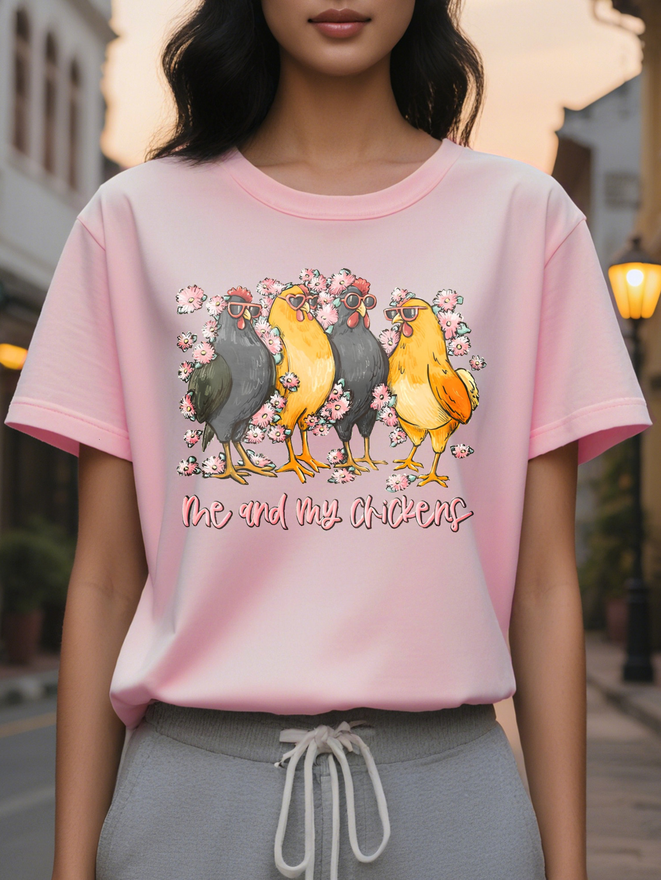 Women S Crew Neck T Shirt with Chick Graphic Print Me and My Chickens Design Short Sleeve Lightweight Cotton