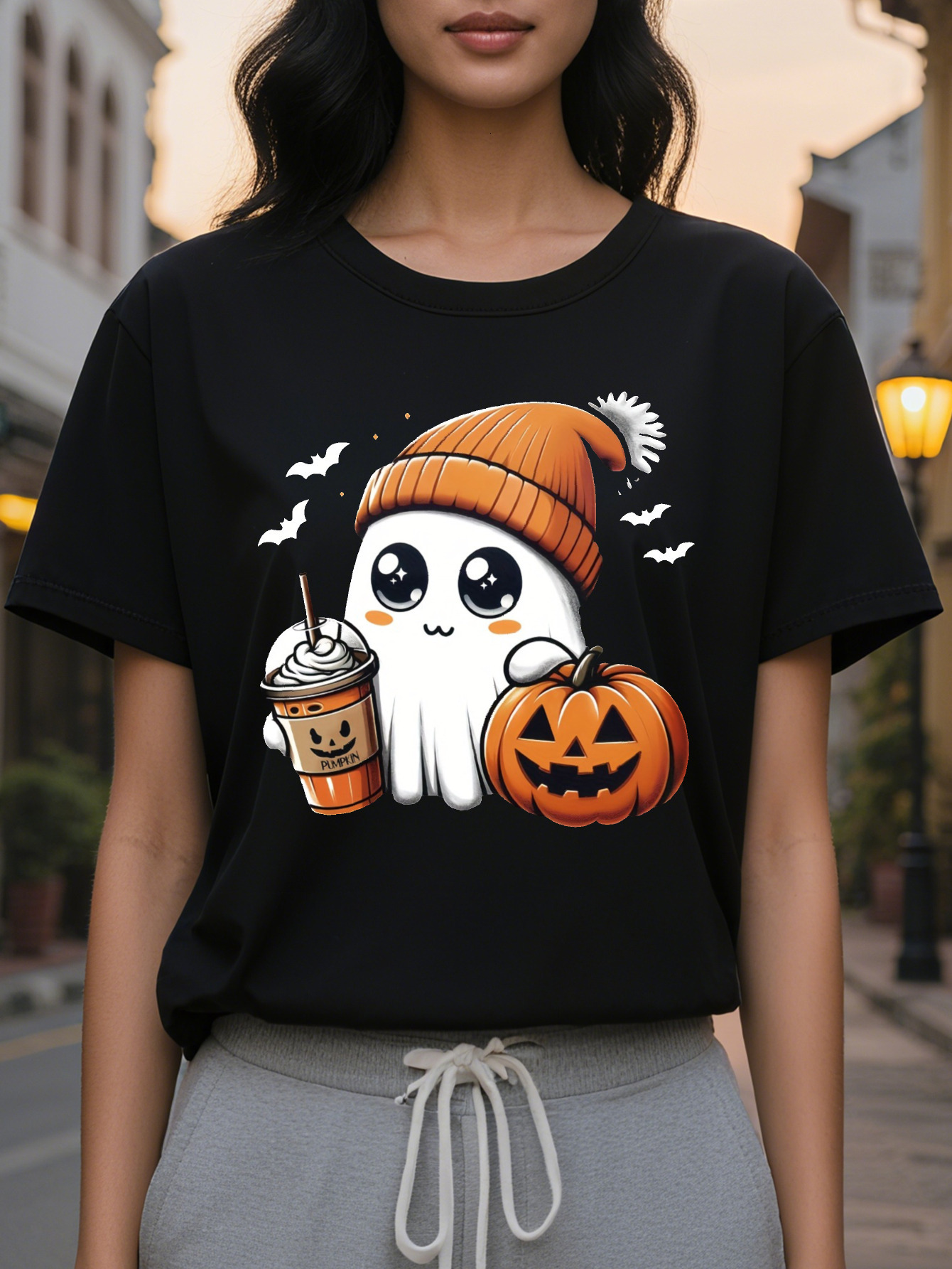 Women's casual short sleeve round neck T-shirt with pumpkin and ghost application cotton knit fabric regular cut