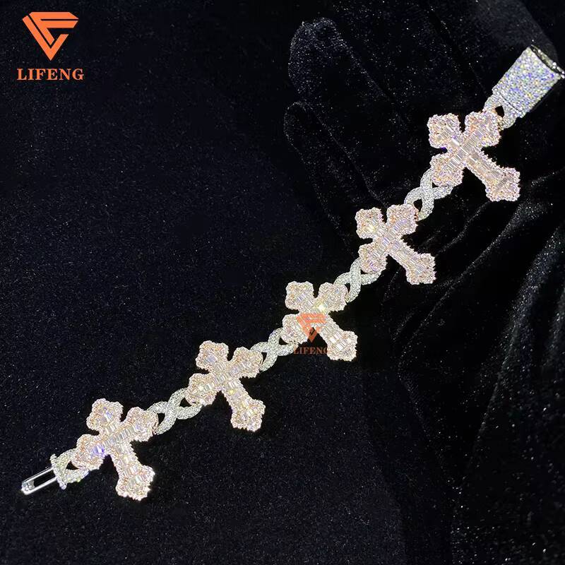 Fine Jewelry Bracelets Custom Two Tone Iced Out Baguette Moissanite Cross Bracelet 925 Silver Hip Hop Charms Bracelet for Women