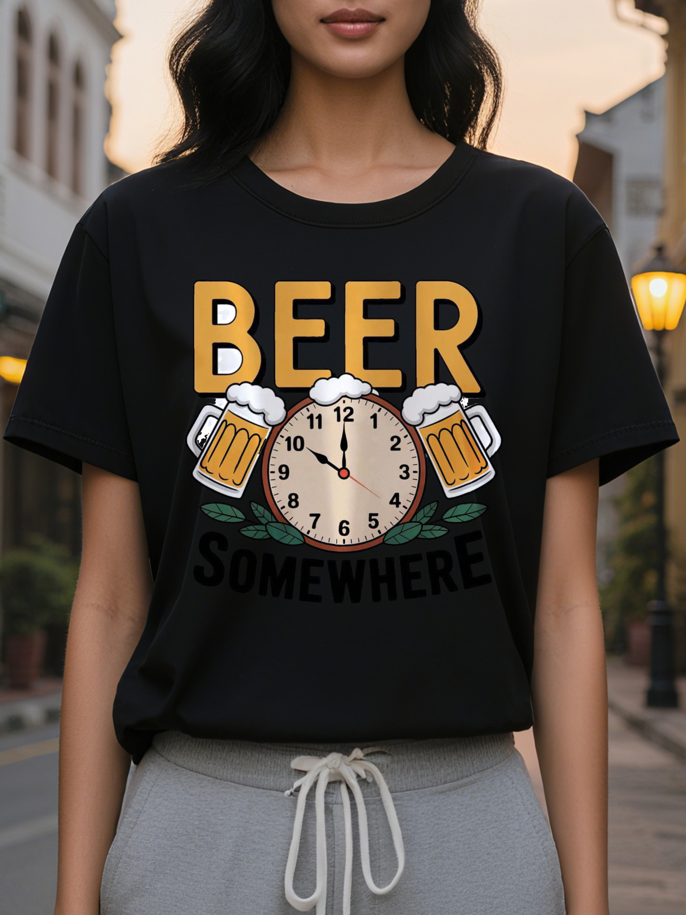 Women's Somewhere Pattern White T-Shirt with a Strong Beer Mug Design Lightweight Summer Top Suitable for