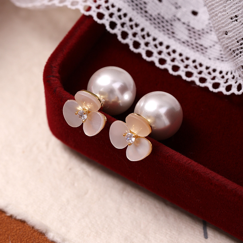 Two-Way Wear Shell Flower Zircon Pearl Sweet Light High-End Simple Niche Versatile Earrings for Women