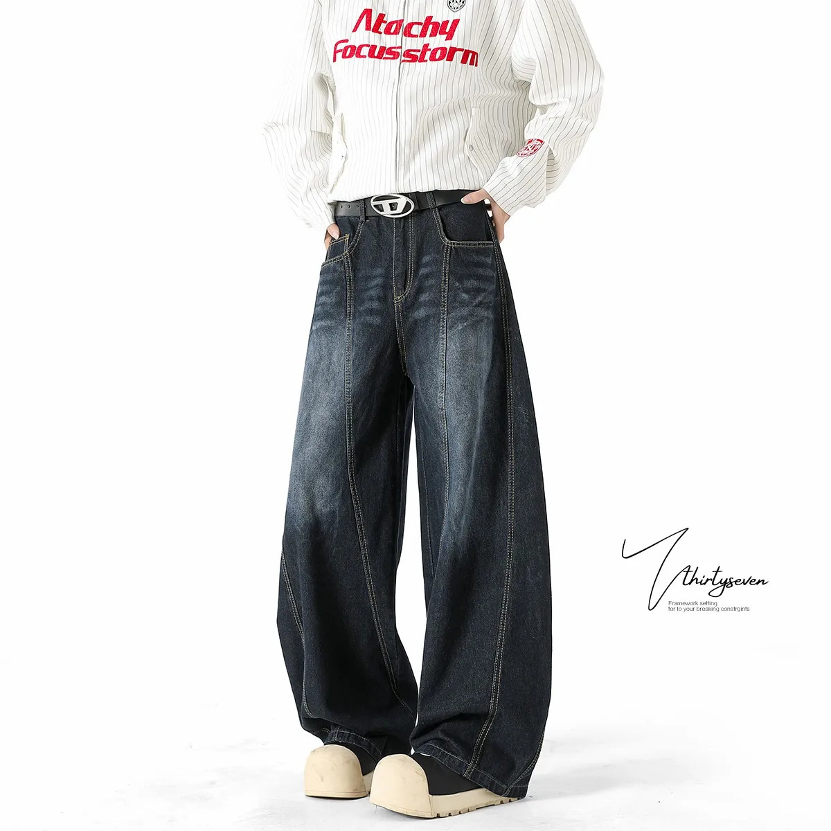 Casual Deep Blue Scimitarmens Jeans Loose Wide Leg Pants Simple Fashion Trendy Style Seasonal 250823Z