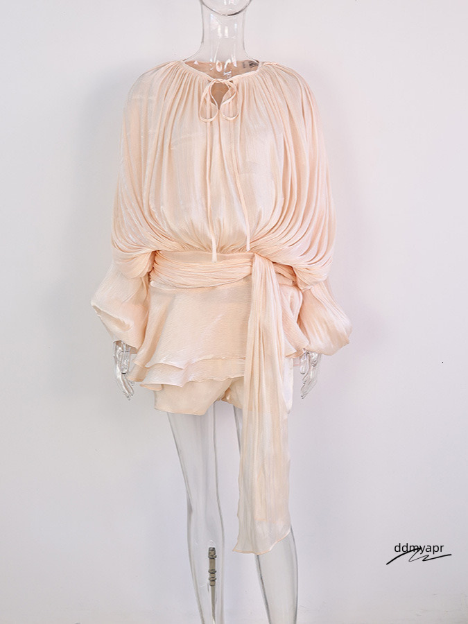 Casual Dresses Chic Ruffle Hem Mini Dress O Neck Lace Up Loose Ddmyday Blouse Lantern Sleeve Solid Chiffon Vestidos 2025 Lady Spring Gown Ddmyday Ddmy