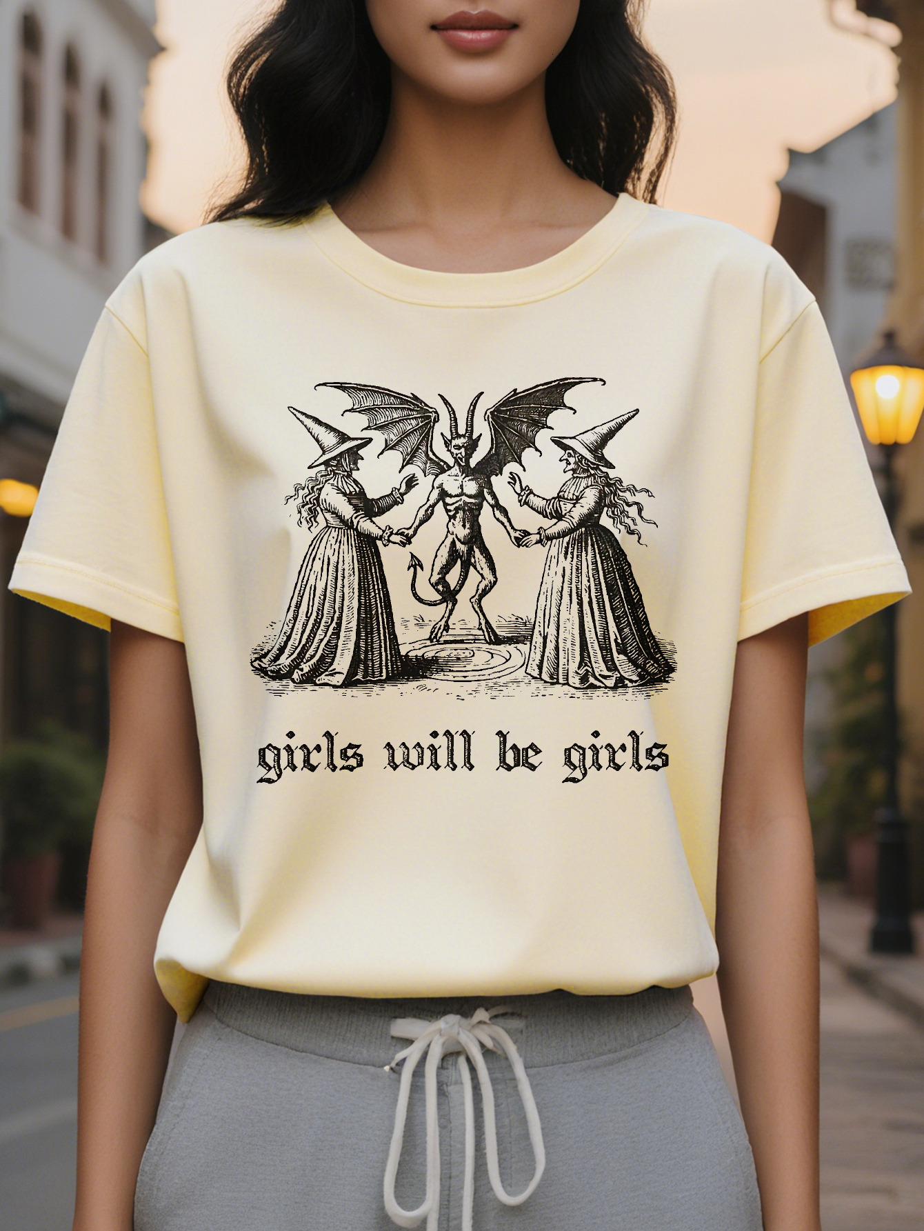 Women's T-shirt with siren design featuring golden wings and a starry sky, retro aesthetics, comfortable round neck