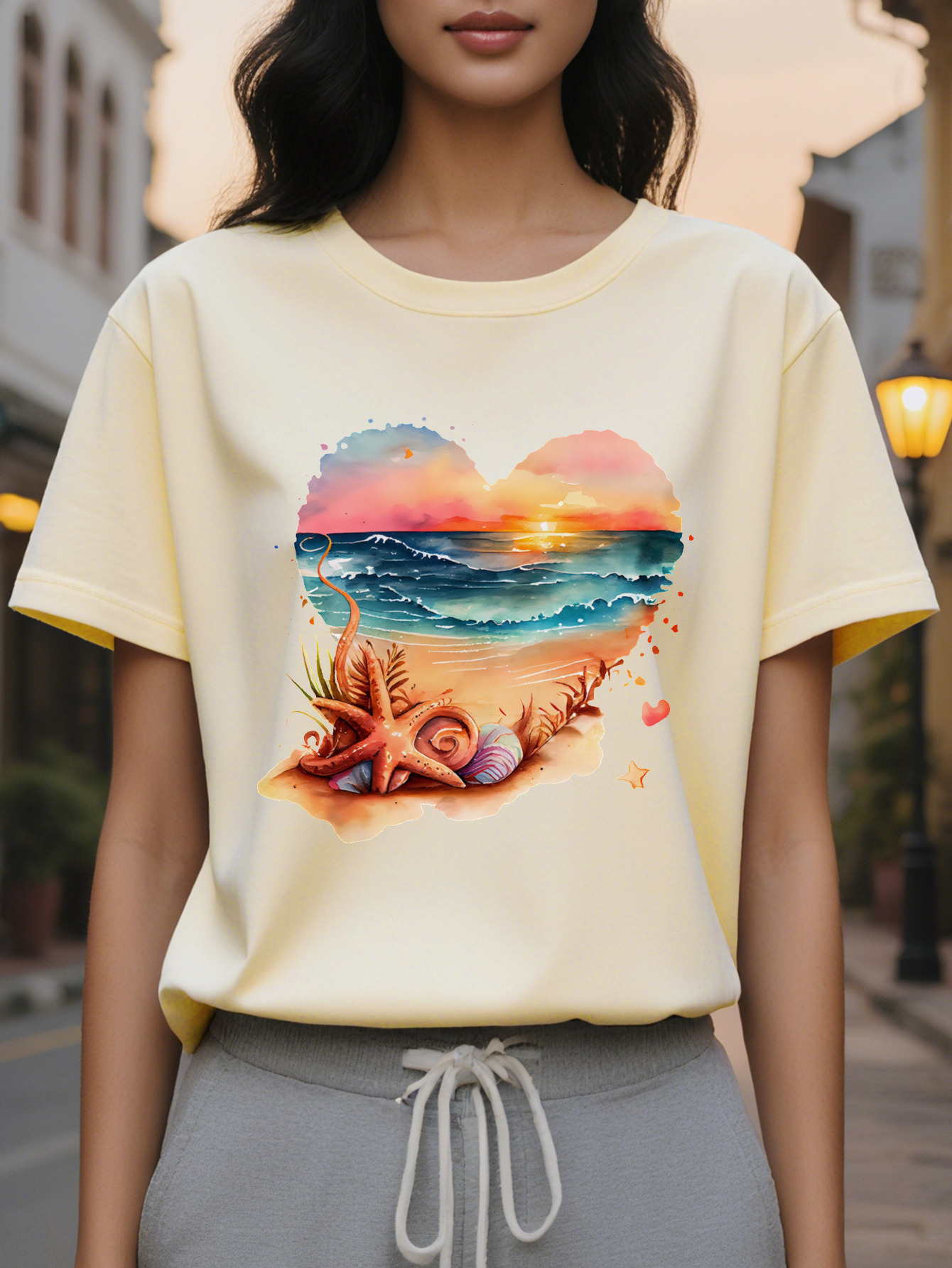 Beach Heart Shaped Short Sleeved T Shirt Ladies Round Neck Casual Top Suitable for Spring and Summer