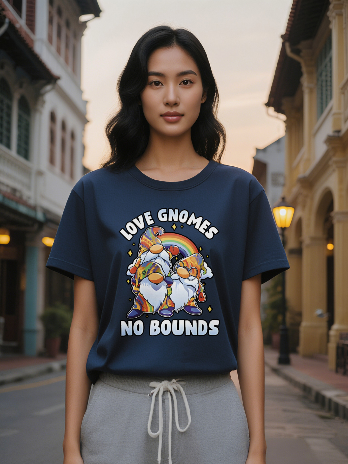 Lady Casual Crew Neck T-Shirt with Love Gnomes No Boundaries Rainbow Print Colorful Cartoon Gnome Design Lightweight