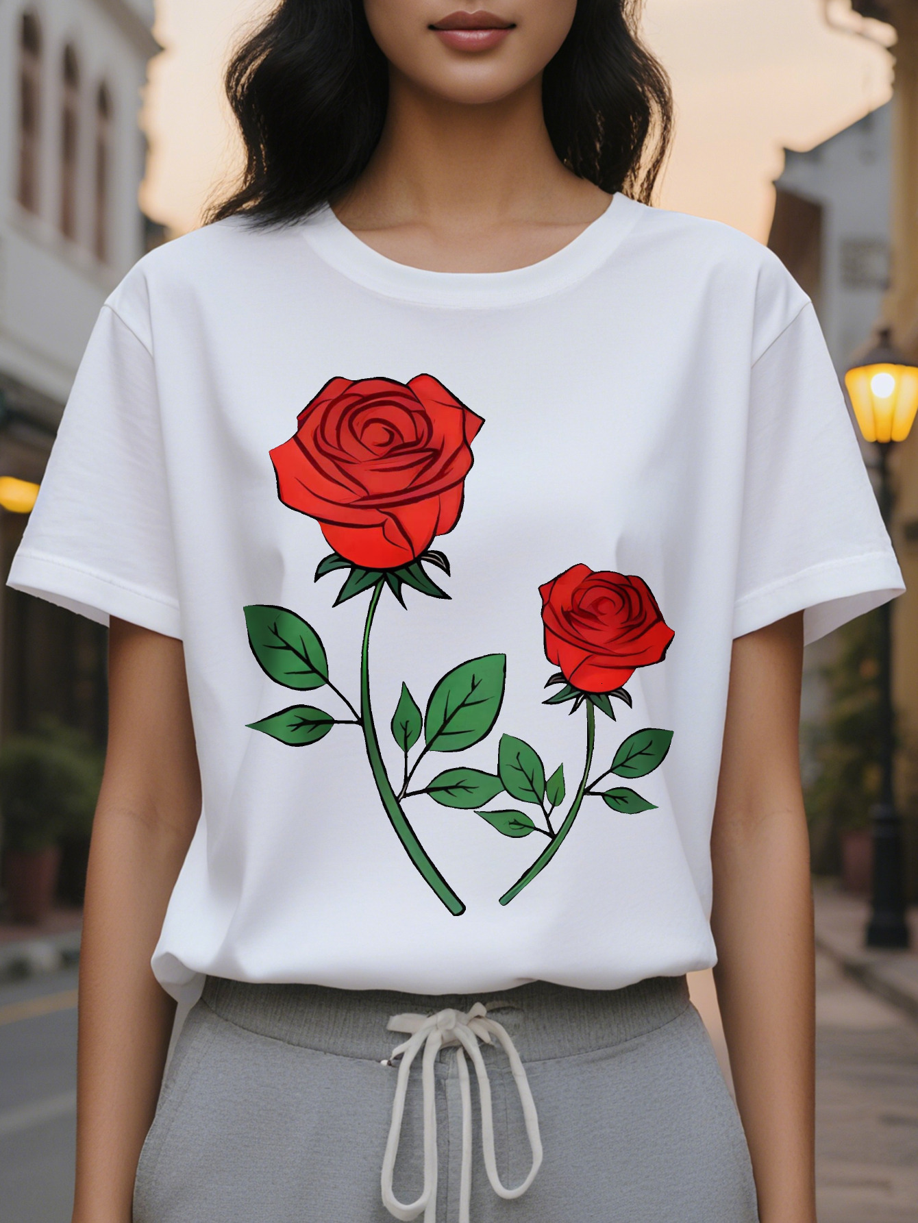 ibrant Rose Print Crew Neck T Shirt Soft Breathable Short Sleeve Casual Top Spring Summer Women s Comfortable