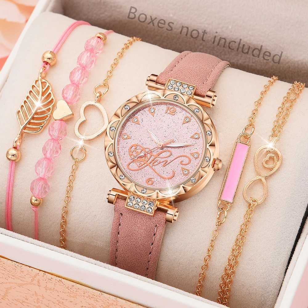 Ladies Watch Gift Set With 1 Wens PU Strap Stars Pattern Dial Gorgeous Quartz Watch And 5pcs Bracelet Set Watch Fo X250904