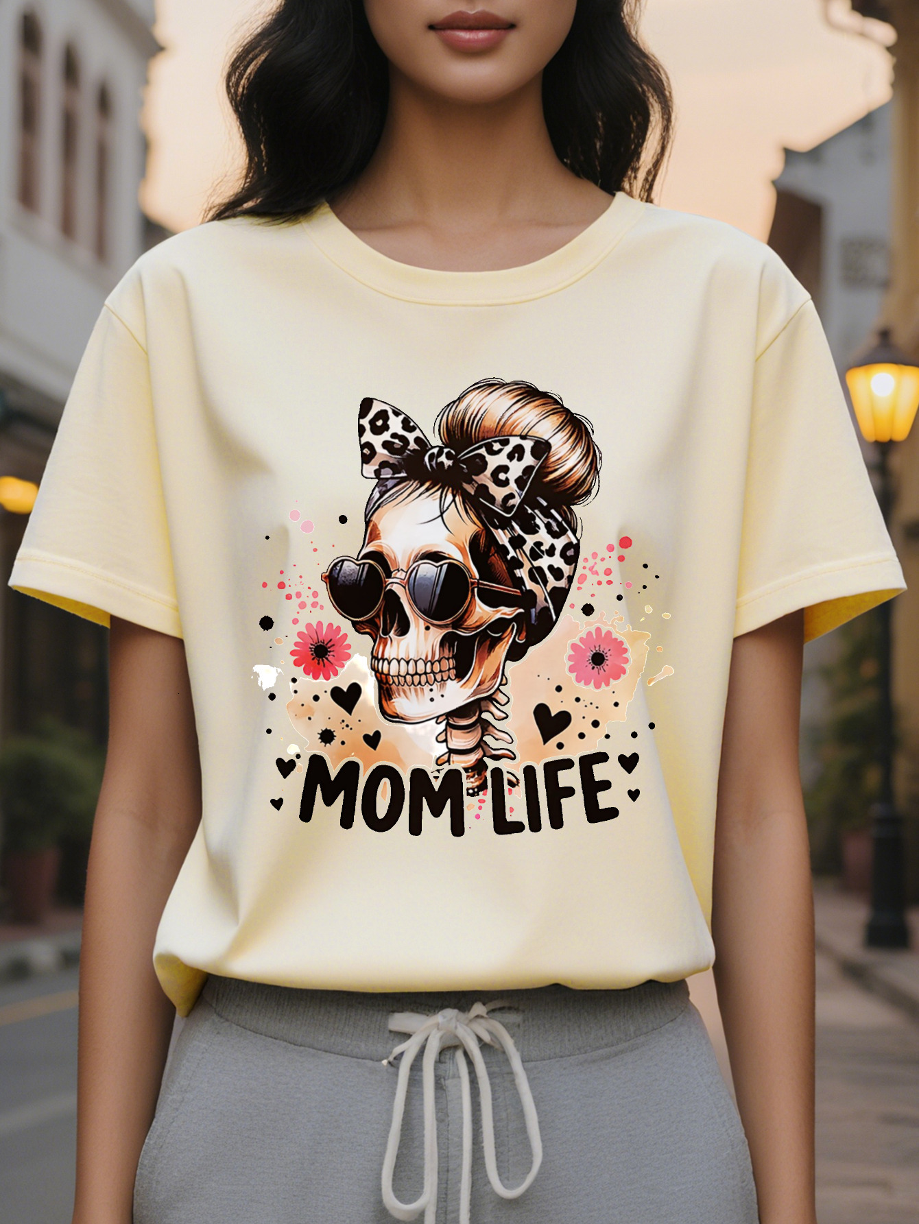 Women's Halloween T-shirt Fashion Glasses Skull Leopard Bow Flower Printing MOM LIFE Text Casual Short Sleeve Crew